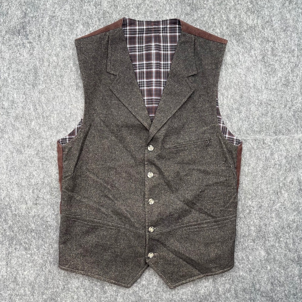 Kroon Vest Mens Medium Brown Herringbone Wool Blend Corduroy Plaid Lining